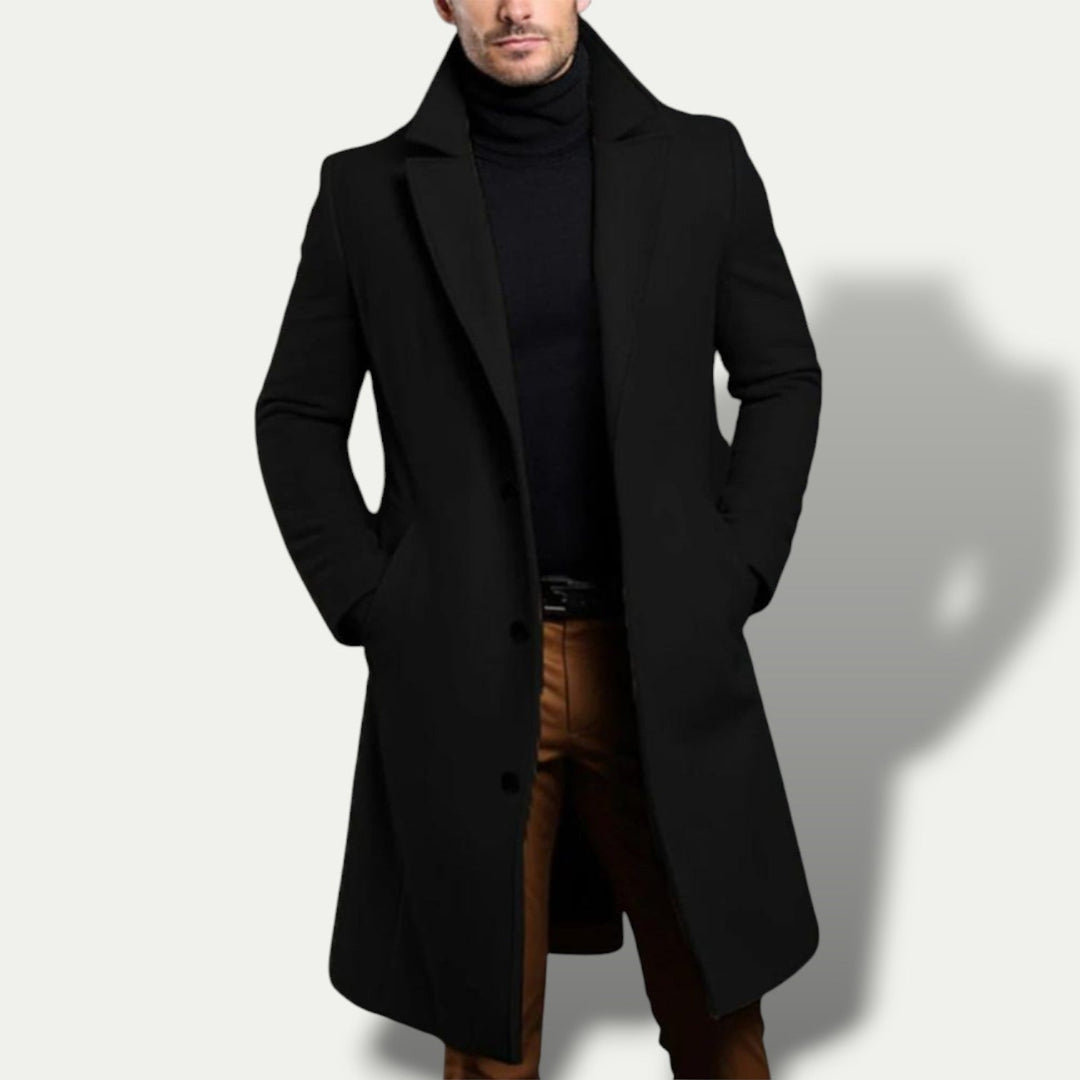 Classic khaki men's single-breasted trench coat; stylish long outerwear also available in dark gray.