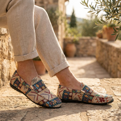 Durable men's slip-on loafers with a unique Aztec design, comfortable everyday casual shoes.