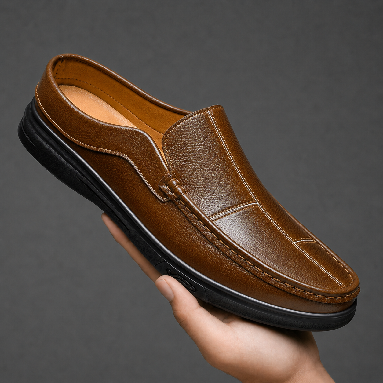 Brown men's casual slip-on mules, perfect for relaxed everyday wear & ultimate comfort.
