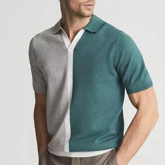 Men's stylish split color polo shirt with modern design, short sleeve, ideal for casual wear & everyday fashion.