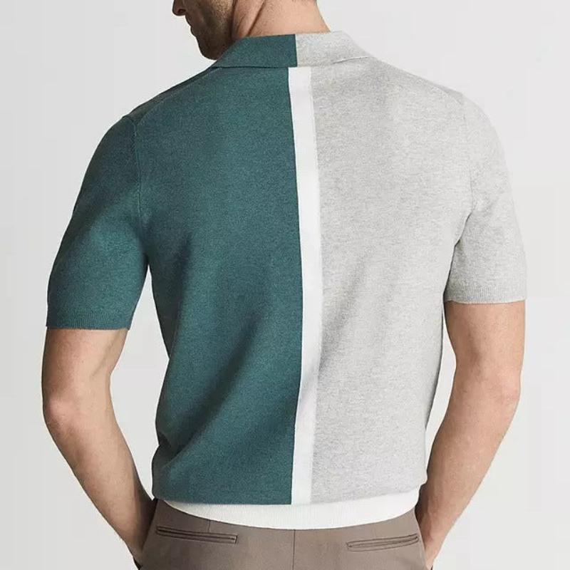 Comfortable men's split color polo, short sleeve, featuring a modern design, perfect for stylish everyday apparel.