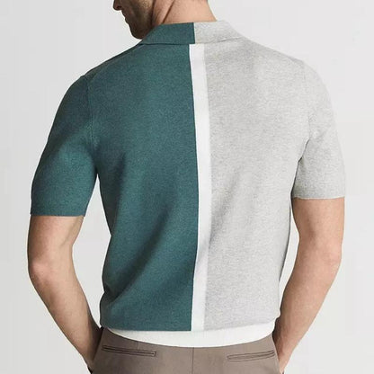 Comfortable men's split color polo, short sleeve, featuring a modern design, perfect for stylish everyday apparel.