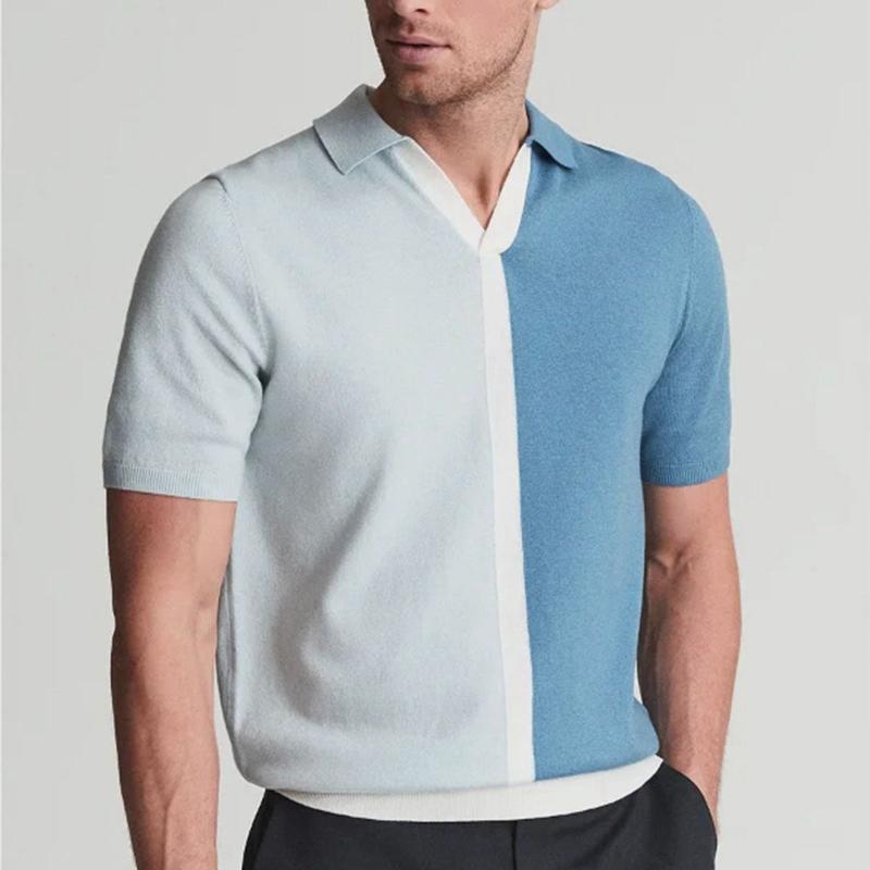 Colorful men's split color polo shirt, modern design, short sleeve, a comfortable and stylish top for men.