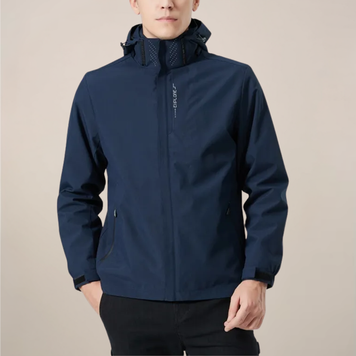 Fashionable men's stand collar windbreaker jacket, versatile for spring, autumn & outdoor adventures.