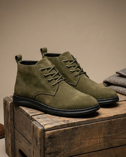 Khaki men's suede Roam boots, durable and comfortable for casual outdoor or work wear.