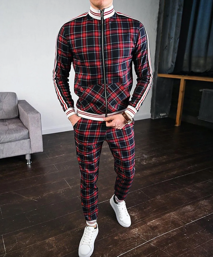 Stylish men's check pattern training set, versatile for spring/autumn wear, active or relaxed daily wear.