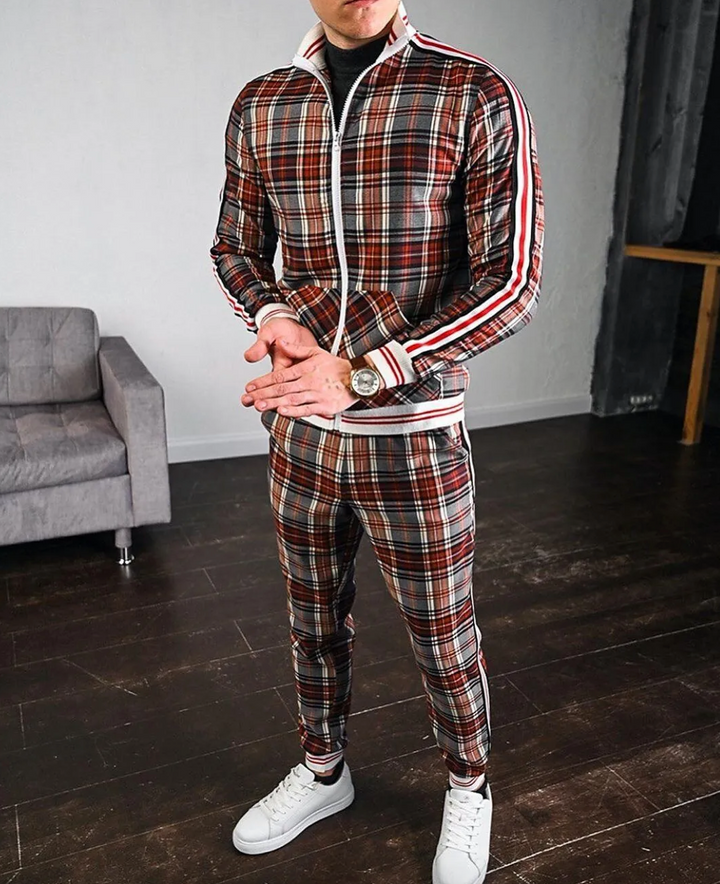 Dorian men's check pattern top & bottom training set, a fashionable activewear or loungewear choice.
