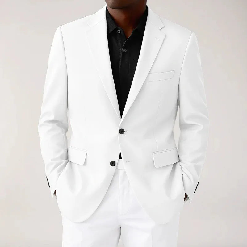 Men's stylish white two-button blazer jacket with notch lapel, perfect for formal events, weddings, or business attire.