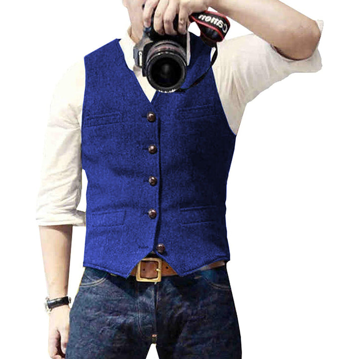 Fitted men's wool blend vest gilet, a comfortable and stylish layering piece for sharp modern outfits.