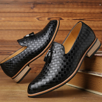 Elegant men's black woven tassel loafers, perfect for office, business casual, or parties.