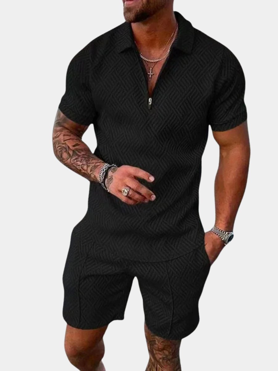 Men's stylish zip polo short set. Comfortable two-piece casual summer outfit for men. Ideal for warm weather loungewear.