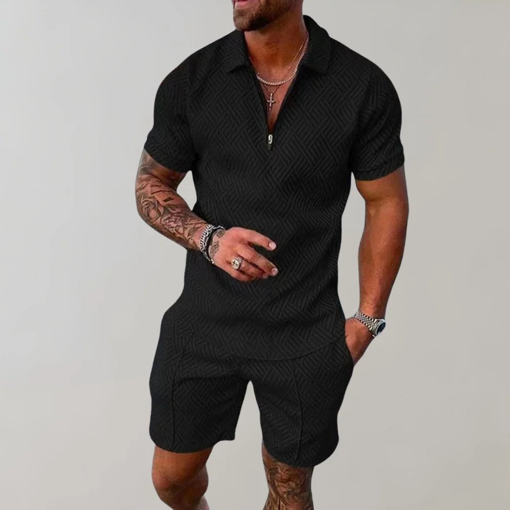 Men's casual zip polo and matching shorts set. Comfortable two-piece outfit, perfect for summer loungewear & warm weather.