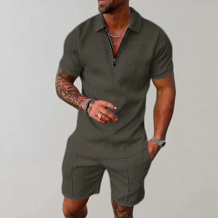 Men's matching shorts set with a stylish zip polo. Ideal for comfortable summer casual wear & warm weather outfits.