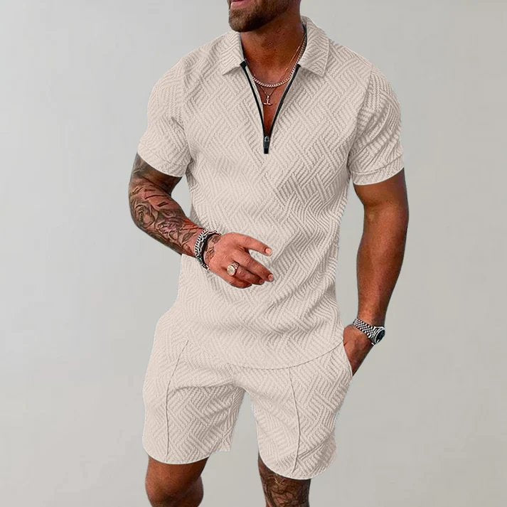 Men's comfortable zip polo and short set. Two-piece outfit for stylish casual wear, perfect for summer and loungewear.