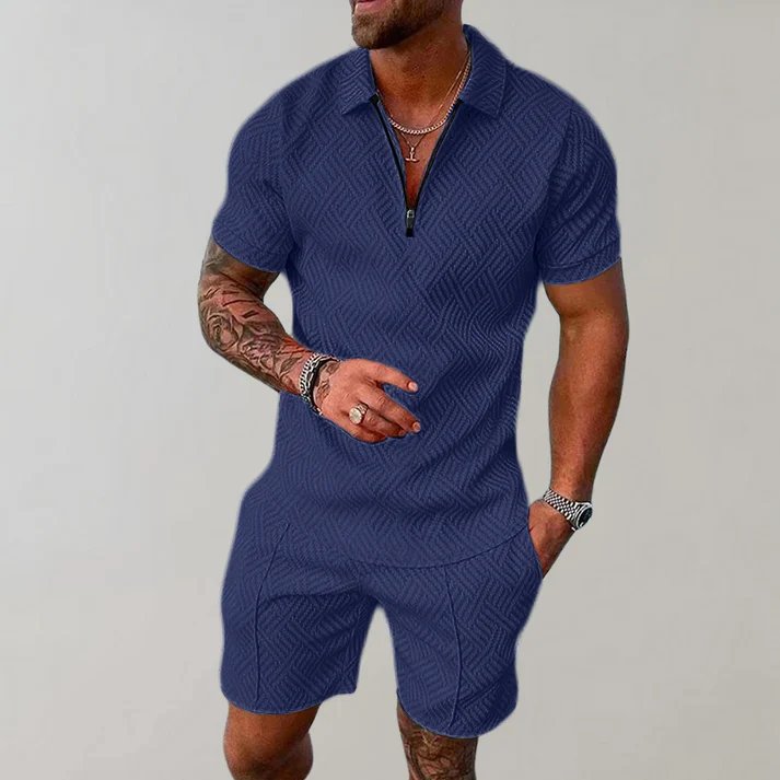 Men's versatile zip polo short set. Stylish two-piece outfit for summer, casual events, or comfortable men's loungewear.