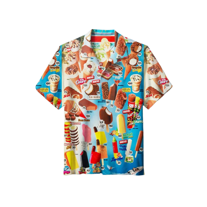 Men's summer ice cream print button-up shirt. Short-sleeve, casual & playful for beach or vacation wear.