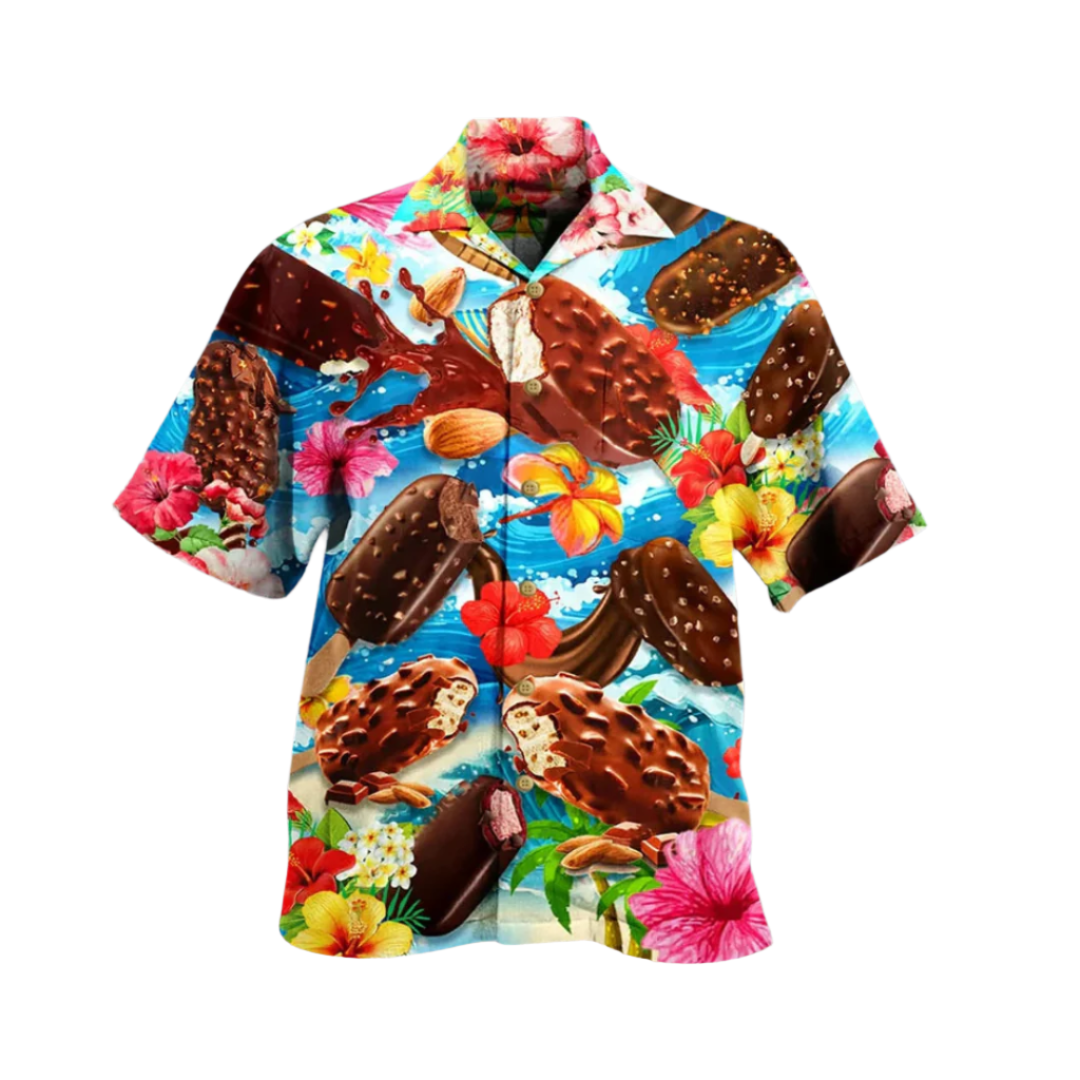 Trendy men's short-sleeve shirt with fun ice cream print. Perfect casual button-up for summer beach & resort wear.
