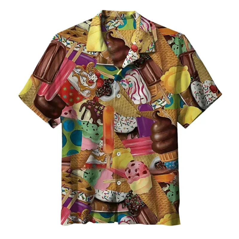 Relaxed fit men's graphic shirt featuring a vibrant ice cream print. Ideal short-sleeve button-up for summer vacation.