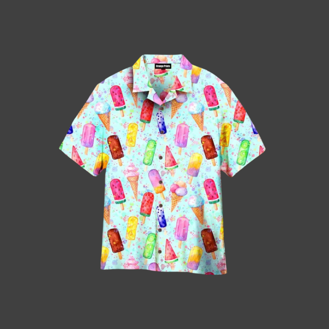 Playful men's summer shirt with a colorful ice cream pattern. Casual short-sleeve button-up for warm weather style.