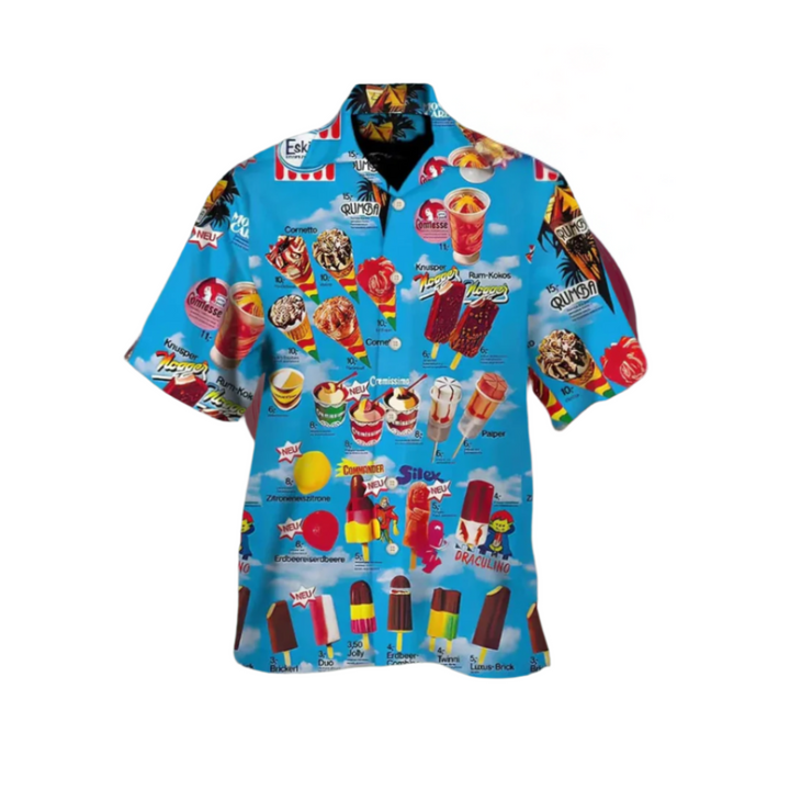 Men's short-sleeve ice cream print button-up shirt. A trendy & cool casual top for summer and beach outings.