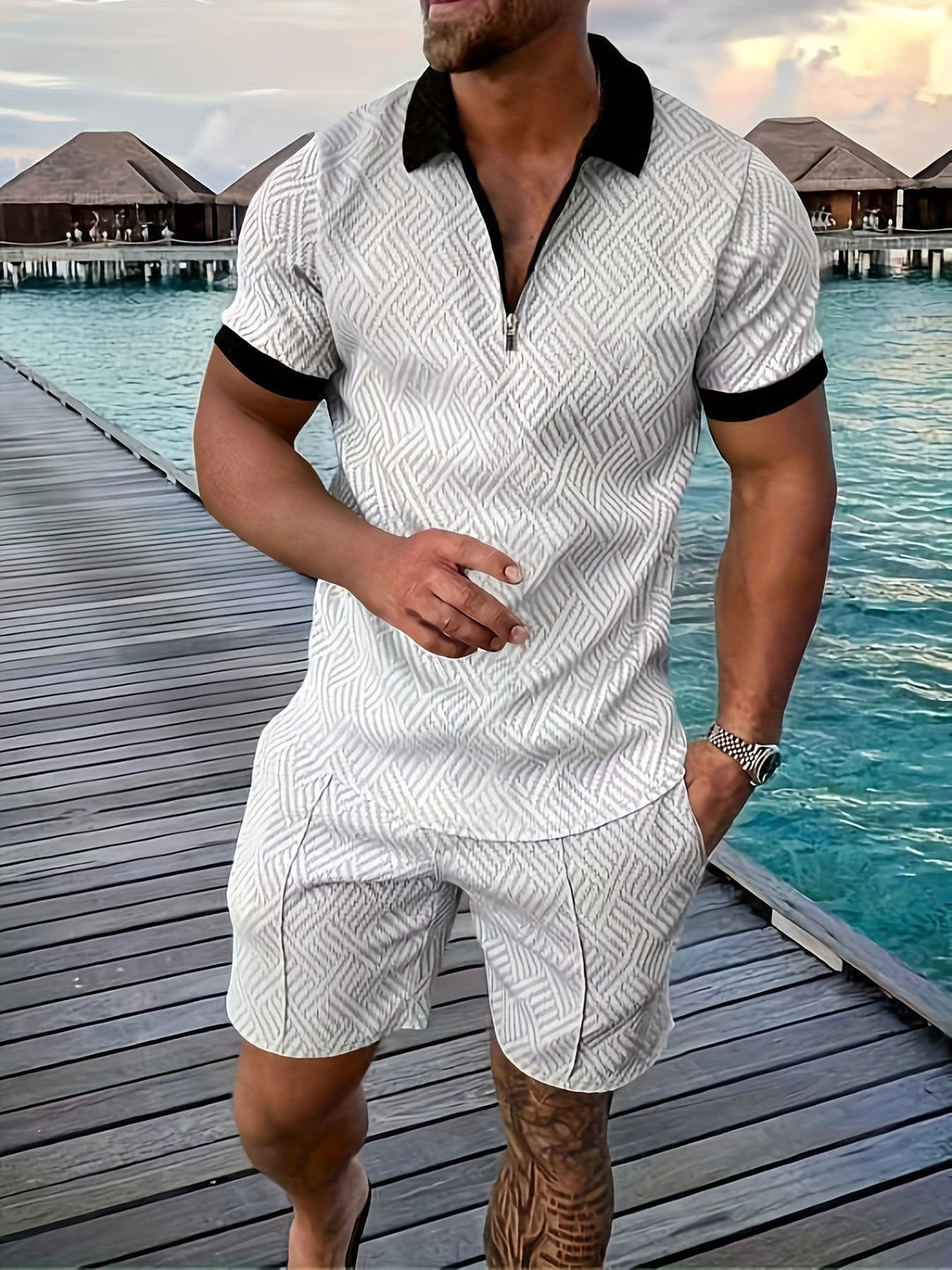 Man wearing a leisure men's summer shirt & shorts matching set, perfect for warm day outings.