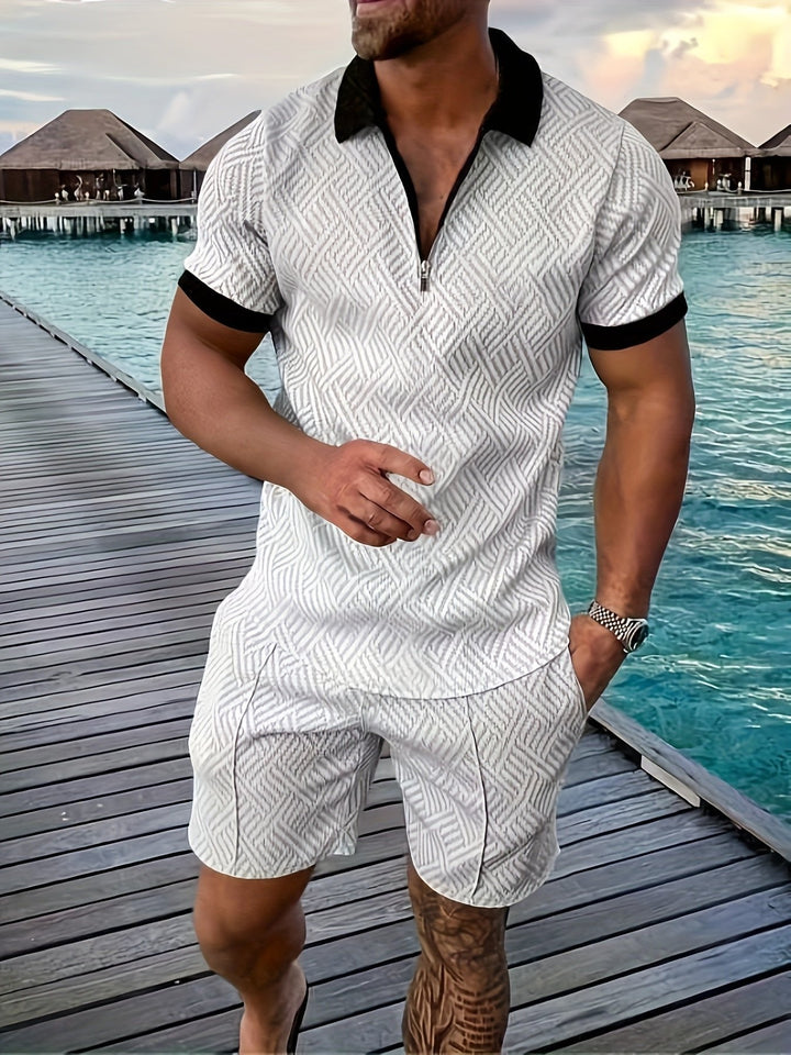 Man wearing a leisure men's summer shirt & shorts matching set, perfect for warm day outings.
