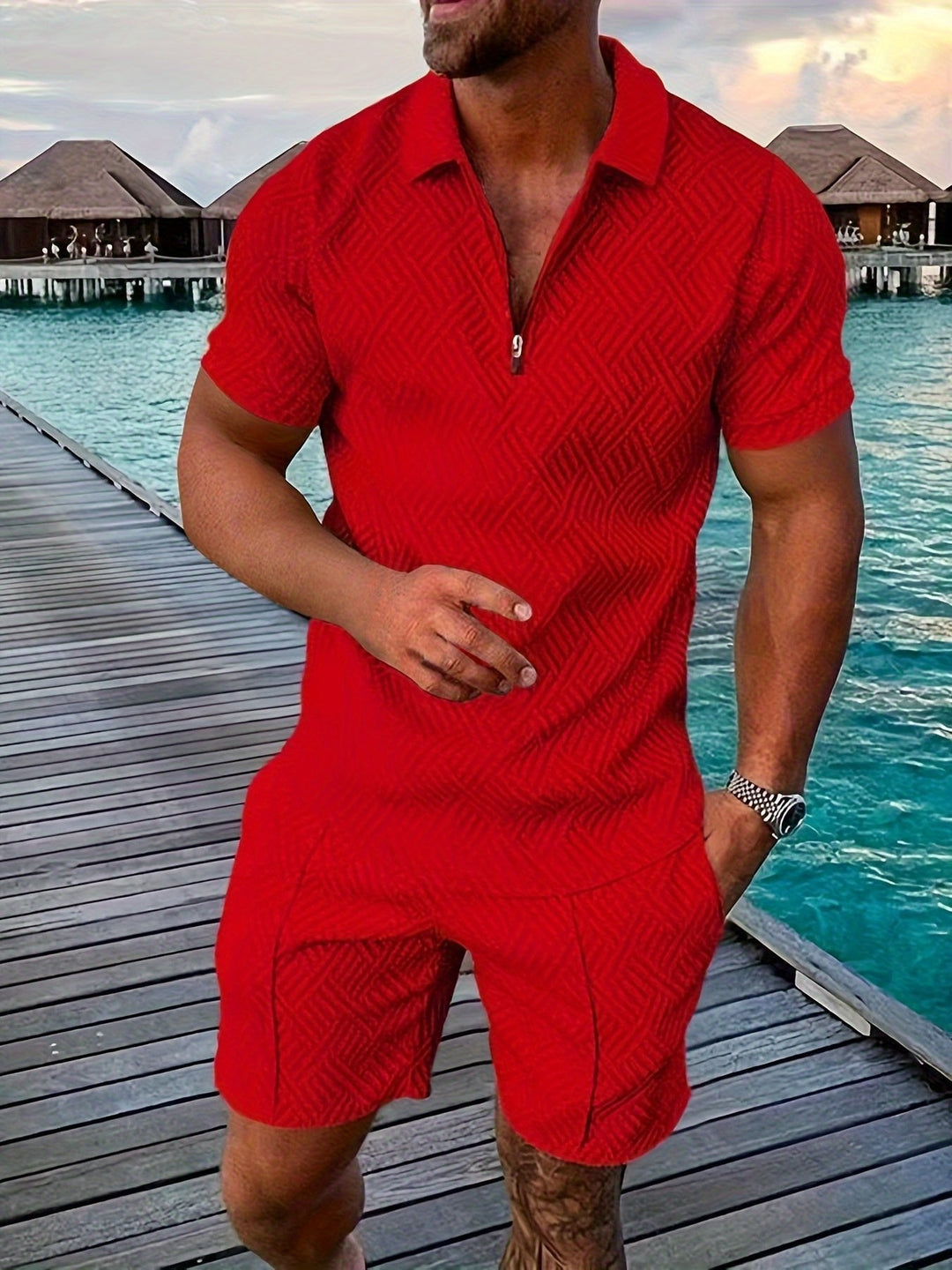 Coordinated men's summer outfit set featuring a stylish shirt and matching shorts for warm weather.