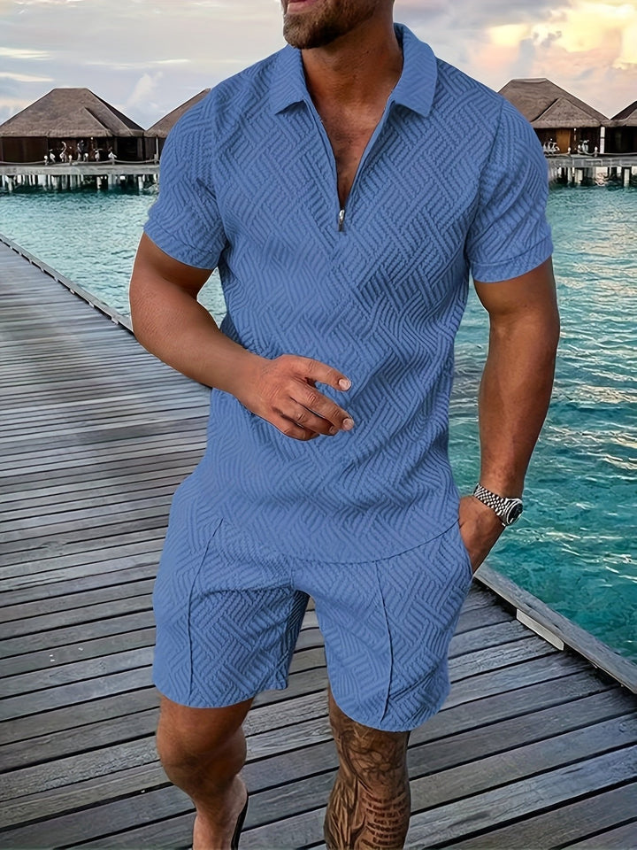 Essential men's summer two-piece outfit set. Casual shorts & shirt for comfortable warm weather style.