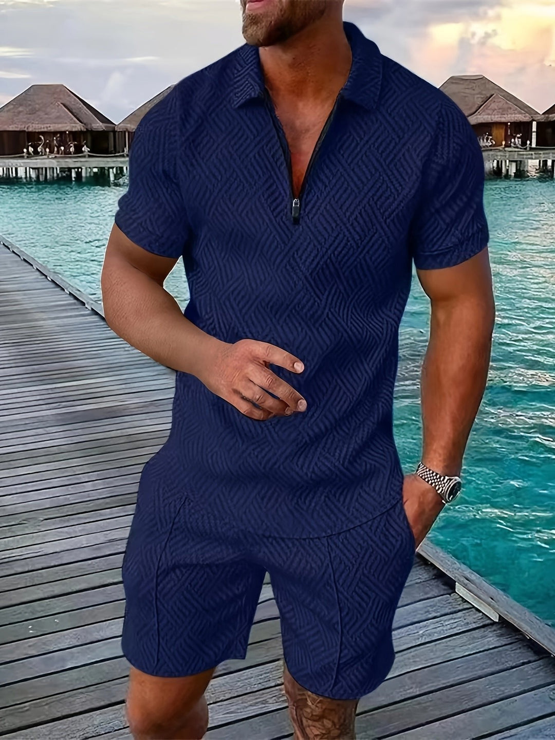 Complete men's summer outfit set: matching casual shirt and shorts, perfect for warm weather leisure.