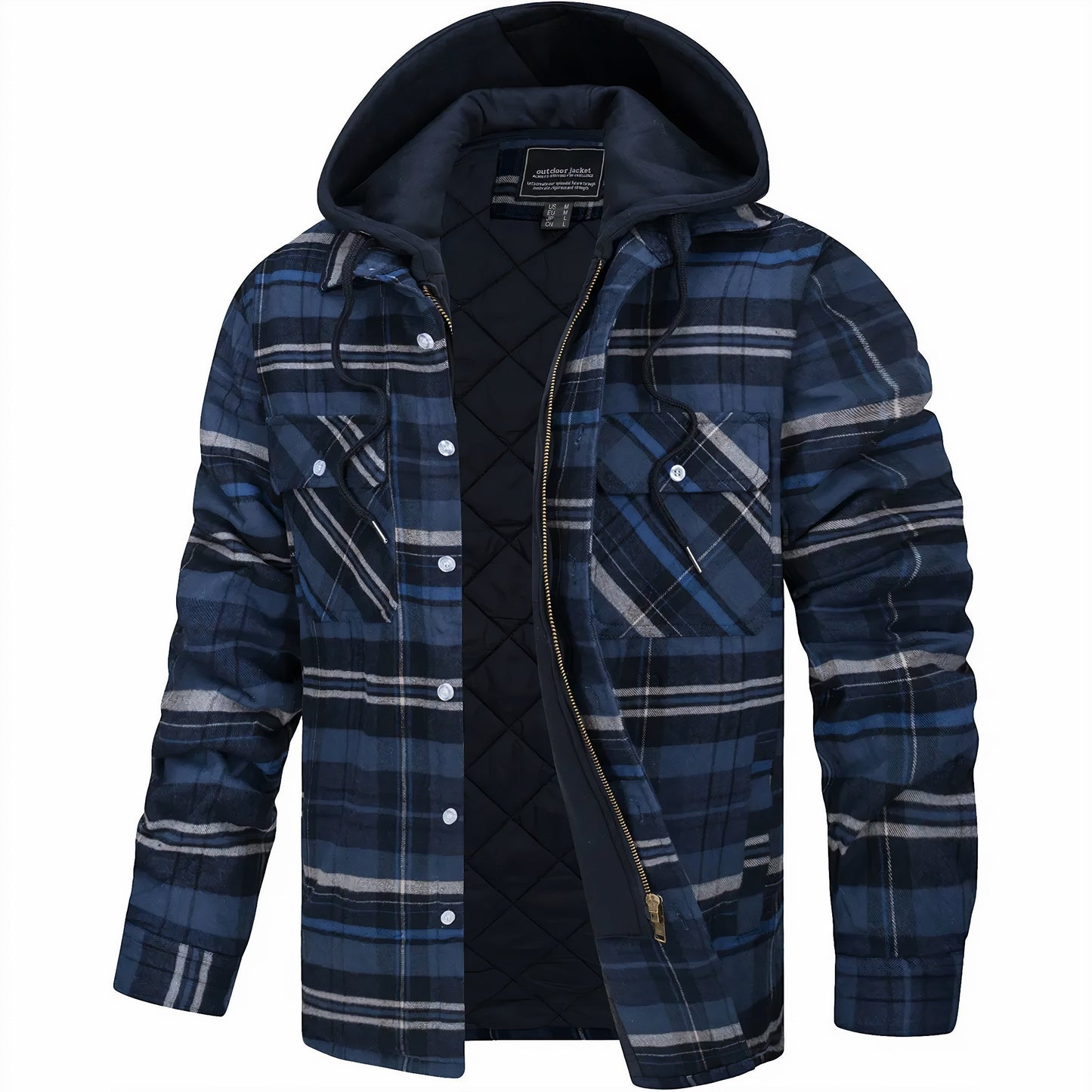 Back view of men's plaid jacket, a stylish & warm winter coat designed for comfortable outdoor wear.