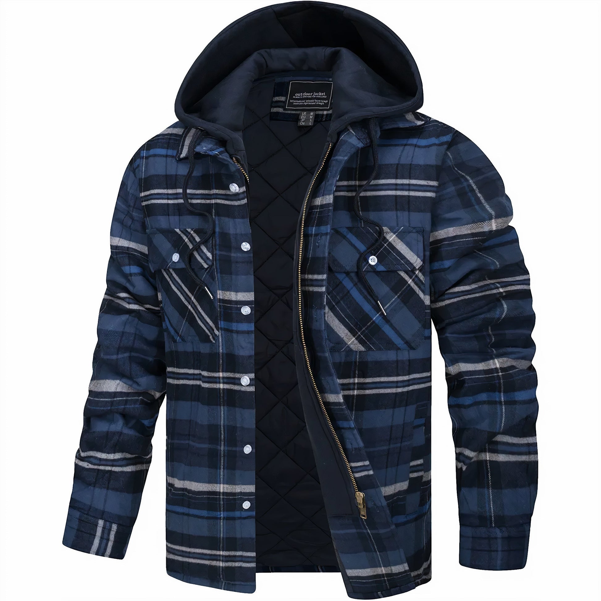 Back view of men's plaid jacket, a stylish & warm winter coat designed for comfortable outdoor wear.