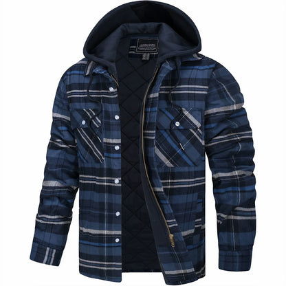 Back view of men's plaid jacket, a stylish & warm winter coat designed for comfortable outdoor wear.