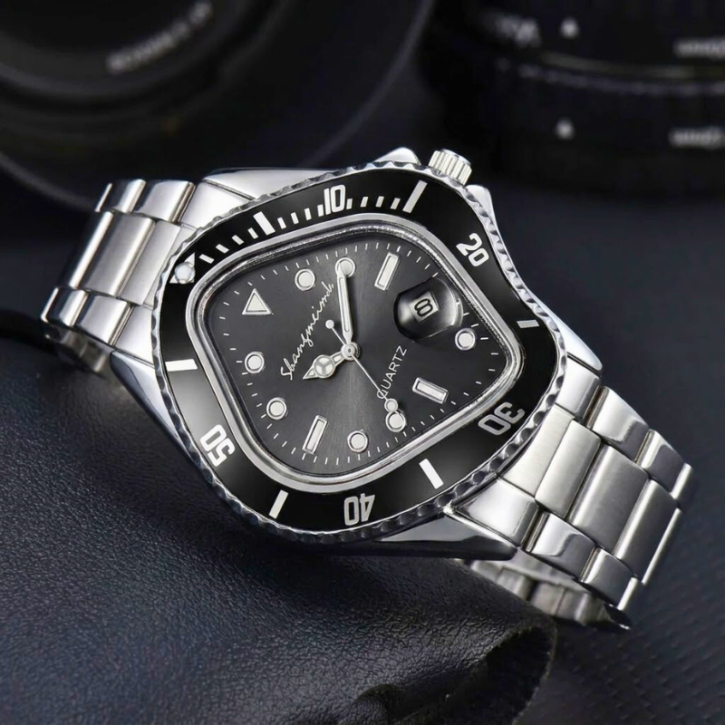 Men's Surreal Timewarp artistic watch, unique stainless steel timepiece with quartz movement.
