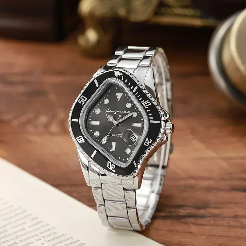 Close-up of a men's artistic watch, showcasing its unique surreal timewarp dial design.
