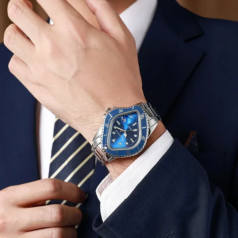 Elegant men's watch, artistic and surreal timewarp design, a sophisticated stainless steel timepiece.