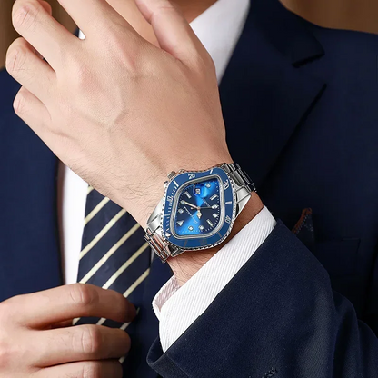 Elegant men's watch, artistic and surreal timewarp design, a sophisticated stainless steel timepiece.