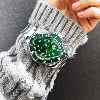 Front view of a men's unique design watch, surreal artistic style, and durable stainless steel build.