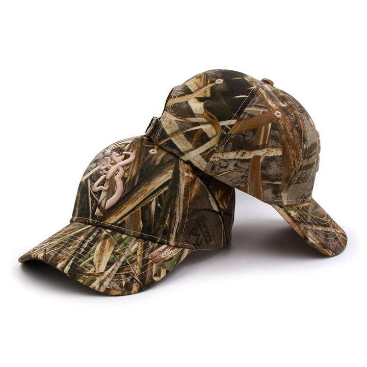 Front view of a rugged tactical camouflage fishing cap, ready for adventure.