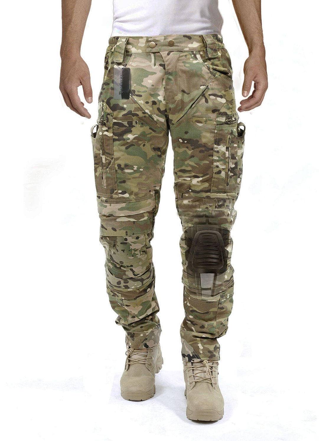 Men's military-style combat pants with integrated knee pads, offering protection & ample storage.