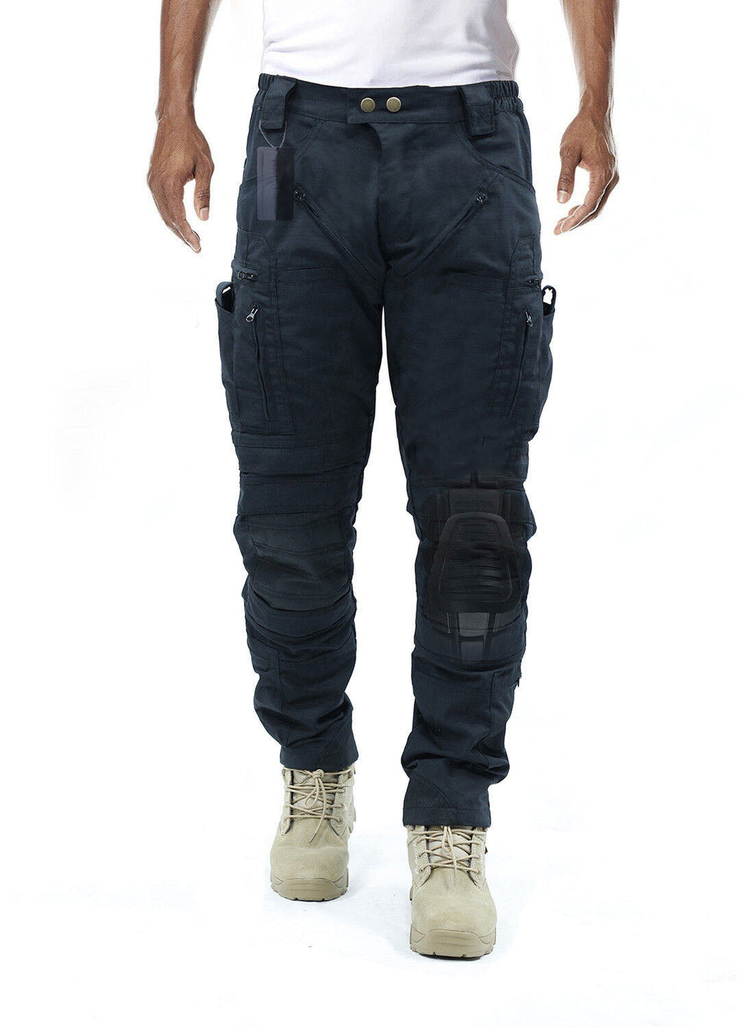 Front detail of men's tactical pants, highlighting cargo pockets & reinforced knee pad area.