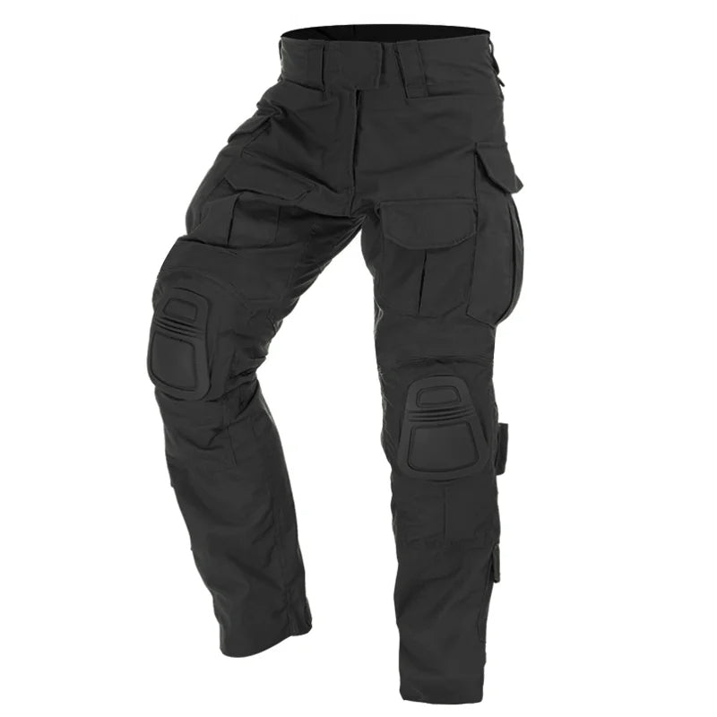 Front view of military-style men's tactical pants, designed for rugged outdoor use with knee pads.