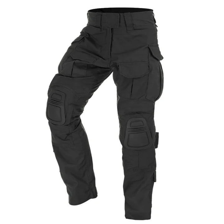 Front view of military-style men's tactical pants, designed for rugged outdoor use with knee pads.