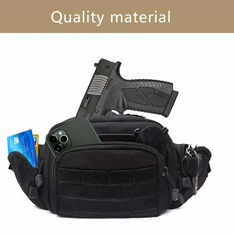 Discreet men's tactical waist pack holster for concealed carry. Black fanny pack gun bag, ideal for outdoor gear.