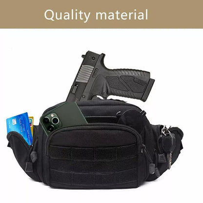 Discreet men's tactical waist pack holster for concealed carry. Black fanny pack gun bag, ideal for outdoor gear.