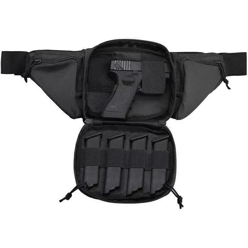 Man wearing a tactical concealed carry waist pack holster. Discreet fanny pack gun bag for outdoor gear & security.