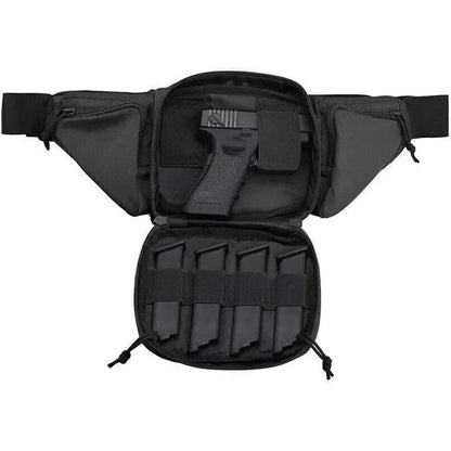 Man wearing a tactical concealed carry waist pack holster. Discreet fanny pack gun bag for outdoor gear & security.