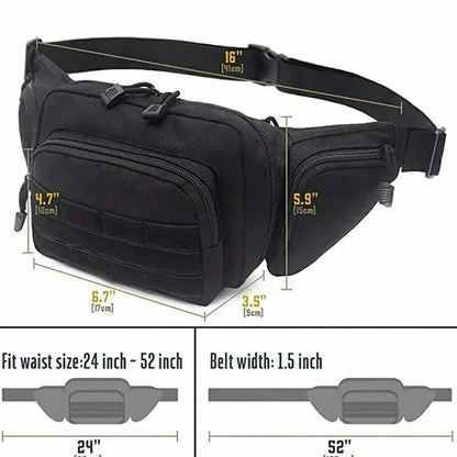 Close-up of durable tactical concealed carry waist pack. Rugged fanny pack holster gun bag for outdoor utility & discreet carry.