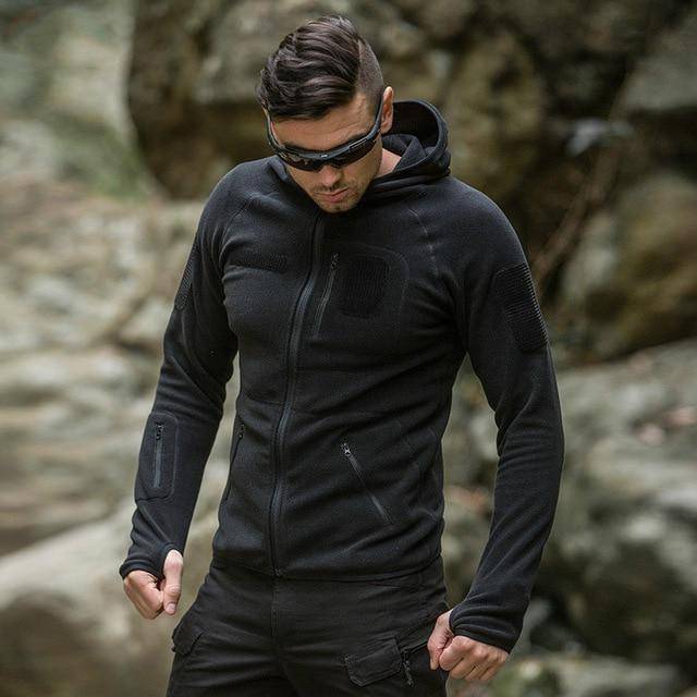 Men's tactical outdoor fleece training jacket with hood, ideal for winter hiking.