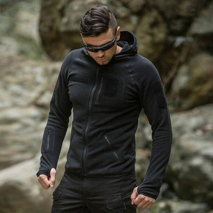 Men's tactical outdoor fleece training jacket with hood, ideal for winter hiking.