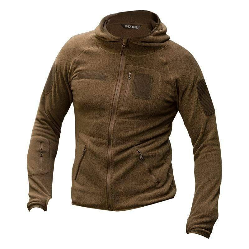 Durable men's winter wear tactical jacket with hood, soft fleece for hiking comfort.